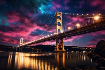 Fototapeta na wymiar : A striking shot of a suspension bridge at night, with colorful lights creating a captivating display against the dark sky