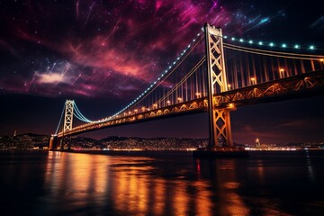: A striking shot of a suspension bridge at night, with colorful lights creating a captivating display against the dark sky