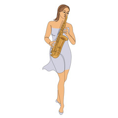 Silhouette of beautiful woman playing saxophone in continuous line modern style. Saxophonist girl, slim. Aesthetic decor sketches, posters, stickers, logo. set of vector illustrations.