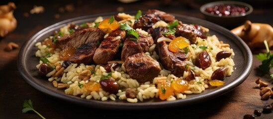 Top-down view of lamb meat and rice pilaf with a mix of dried fruits, onions, and chestnuts.
