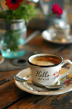 Une D&eacute;licieuse Tasse de Caf&eacute; avec 'Hello World' &Eacute;crit Dessus : Le Plaisir d'un Programmeur Java, G&eacute;n&eacute;r&eacute; par l'IA