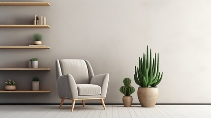 A sophisticated living room arrangement that features copy space, cacti and plants, a chair, wooden shelves, and rattan accessories, and a colorful wall carpet on the floor.