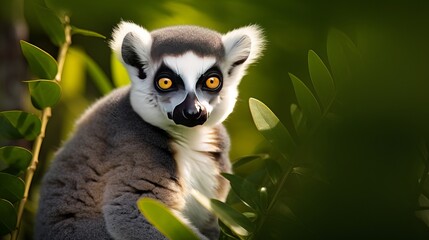 Fototapeta premium A ringtailed lemur is seen in a vertical shot behind a green tree.