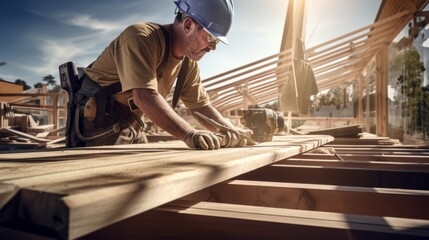 craftsman and carpenter working at construction site of new house - obrazy, fototapety, plakaty