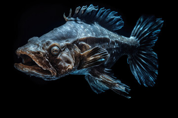 A Coelacanth, a rare and prehistoric fish species, in its deep-sea habitat - obrazy, fototapety, plakaty