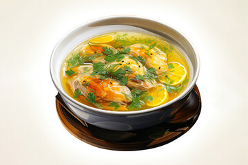watercolor vegetable chicken soup with basil in a bowl