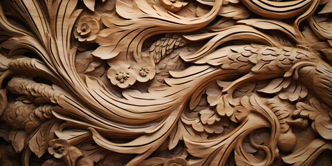 A close up of a wooden carving with flowers.