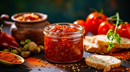 A jar of fiery red Harissa sauce - obrazy, fototapety, plakaty