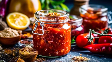 Crédence de cuisine en verre imprimé Piments forts A jar of fiery red Harissa sauce