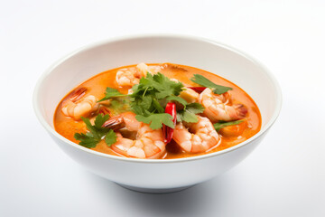 Spicy Thai Tom Yam Kung soup with shrimp in a white bowl on the white table