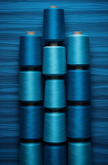 Spool of thread.Palette of blue shades.Minimal fashion creative concept.Flat lay.Generative AI