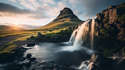 During the day in iceland, there is a waterfall on kirkjufell mountain.