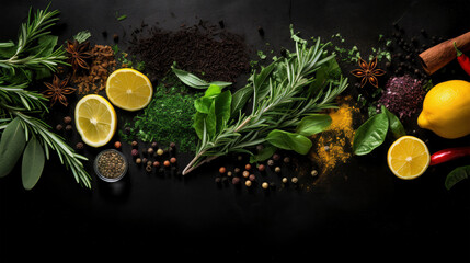 Closeup of healthy food, fresh lemon slices, herbs and spices isolated on black background - obrazy, fototapety, plakaty