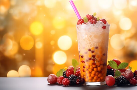 Bubble tea with berry decoration beside it on a bokeh background
