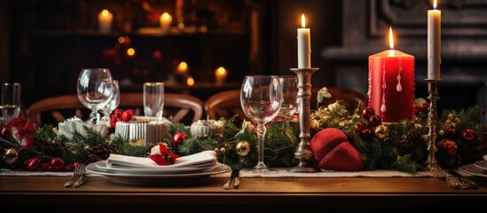 A festive table with settings, decor, and candles awaits Christmas lunch.