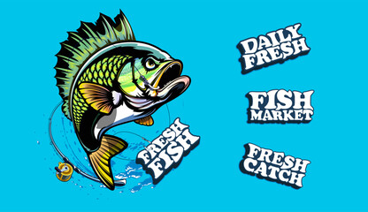 Fishing bass logo. Bass fish with rod club emblem. Fishing theme illustration. Fish Isolated on white.