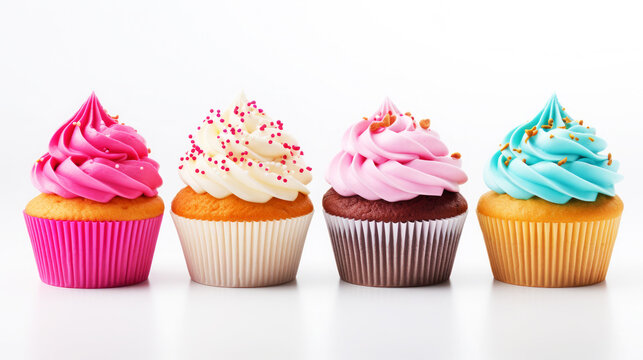 Closeup of colorful desert as cupcakes isolated on white background, for celebration,  birthday or party