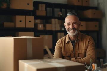 Smiling mature man online seller working on her laptop Receive and verify online orders to prepare product boxes. Starting a small business owner, selling online, e-commerce - obrazy, fototapety, plakaty