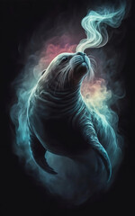an ethereal and mesmerizing image of an Elephant Seal Embrace the styles of illustration, dark fantasy, and cinematic mystery the elusive nature of smoke