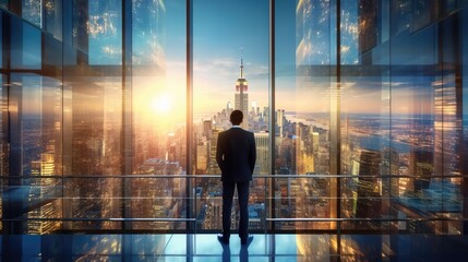 Full back view of successful businessman in suit standing in office. CEO looks at big city view through window in office.