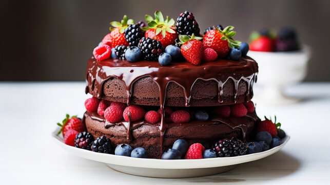 Closeup of freshly food made delicious chocolate cake decorated with berries on white plate and table, celebration, party, birthday