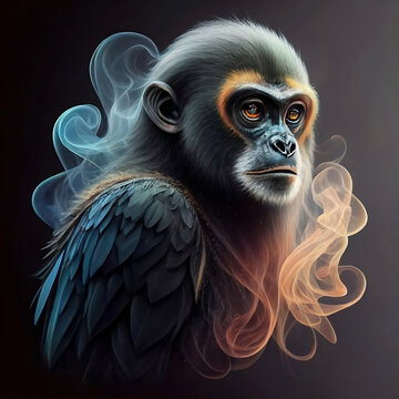 an ethereal and mesmerizing image of an Lutung Embrace the styles of illustration, dark fantasy, and cinematic mystery the elusive nature of smoke