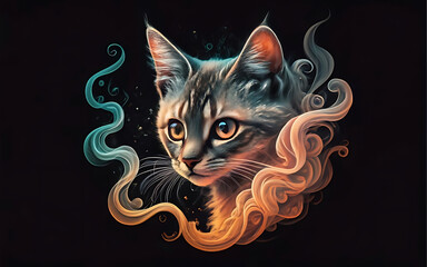 an ethereal and mesmerizing image of an Ring-tailed Cat Embrace the styles of illustration, dark fantasy, and cinematic mystery the elusive nature of smoke