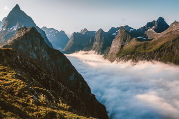 Mountains landscape in Norway aerial clouds view travel Sunmore Alps beautiful destinations scenery scandinavian nature - obrazy, fototapety, plakaty