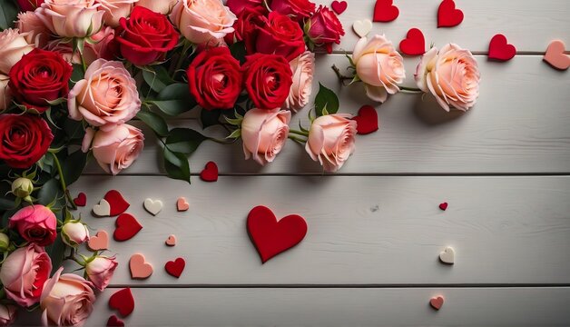 Valentine's Day or wedding card background illustration with roses and little hearts. Top-down picture of a wooden table with Valentine's Day decoration. Generative AI.