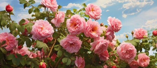 Obraz premium Floral summer scenery featuring a stunning, pink English Shrub Rose with upward-facing cups that change from apricot to pure pink.