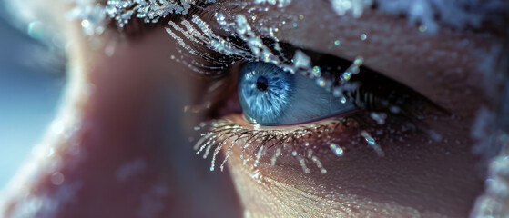 close-up of icy eyelashes on blue eye - winter beauty concept