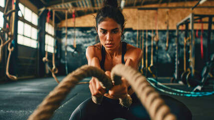 sports woman doing battle ropes in the gym 	