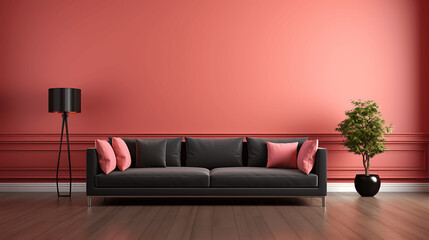 Habitación con decoración minimalista de color rosa y un sofá de color negro