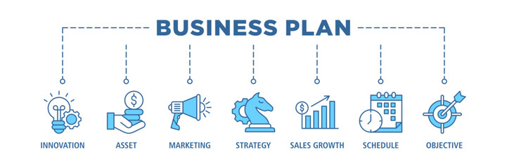 Business plan banner web icon set vector illustration concept with icon of innovation, assets, marketing, strategy, sales growth, schedule, and objective