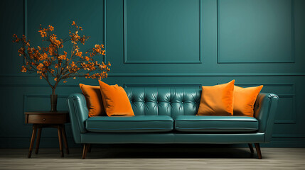 Habitación con decoración minimalista de color verde y un sofá de color verde con cojines naranjas - obrazy, fototapety, plakaty