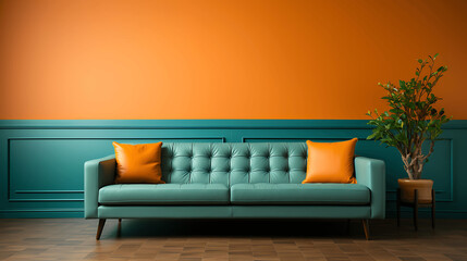 Habitación con decoración minimalista de color naranja y un sofá de color verde