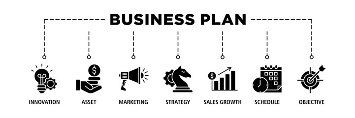 Business plan banner web icon set vector illustration concept with icon of innovation, assets, marketing, strategy, sales growth, schedule, and objective - obrazy, fototapety, plakaty