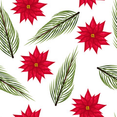 Seamless pattern with Christmas poinsettia flower and pine tree branch