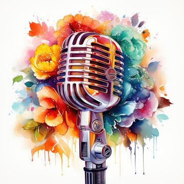 chrome microphone colorful flowers watercolor clip art preview