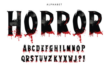 Horror font alphabet text effect with bloody letters, creepy and scary style typography, premium vector