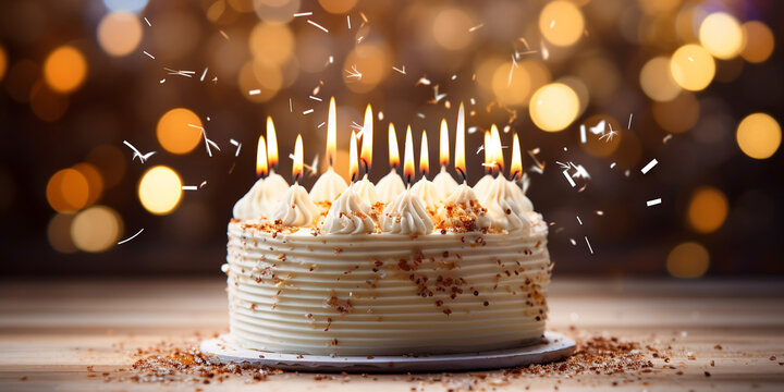 Birthday banner, white birthday cake with burning candles on sparkling bokeh background