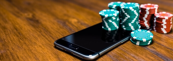 Online casino, poker chips with smartphone, slot machine, Casino Roulette, poker chips and playing cards concept copy space. Games on smartphone online with app