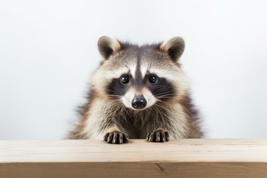 Curious Raccoon Peering Over Wooden Edge on Neutral Background