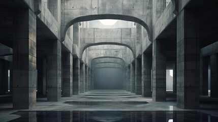an abandoned building with columns and lights, in the style of futuristic fantasy, rectangular fields, louis kahn, infinite space, soft edges and atmospheric effects - obrazy, fototapety, plakaty
