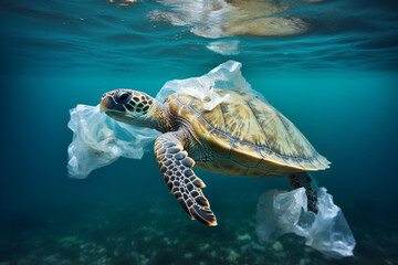 helpless turtle ensnared in a plastic bag, ecological catastrophe