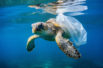 helpless turtle ensnared in a plastic bag, ecological catastrophe