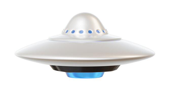 3d illustration of ufo on white color background. 3d render design of silver shine space flying saucer with blue light