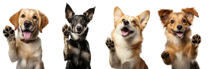 Collection of dogs giving high five isolated on white background