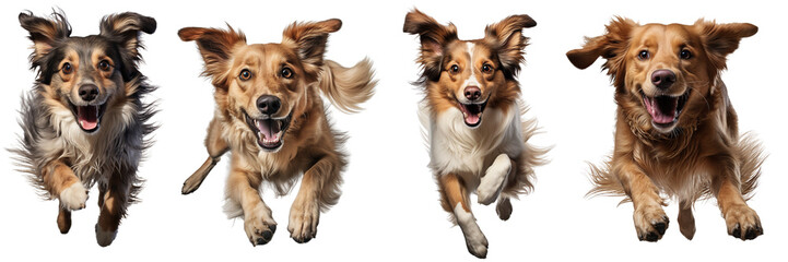 Collection of dog playing, running in motion isolated on white background