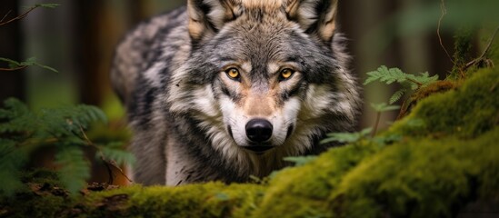 Grey wolf photographed near trees. - obrazy, fototapety, plakaty